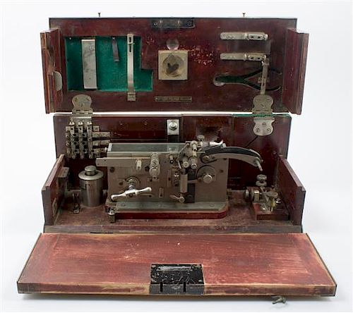 * An Italian Cased Field Telegraph Set Height of case 8 1/2 x width 20 x depth 8 inches.