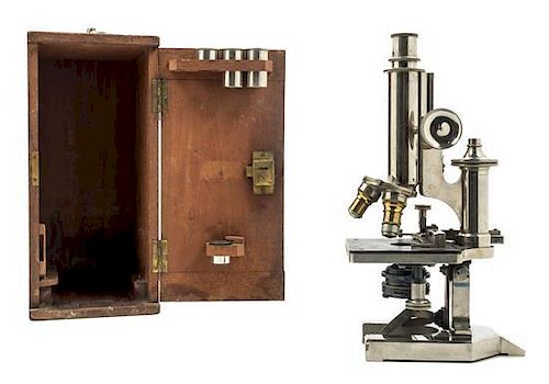 * An English Nickel-Plated Microscope Height of case 13 inches.