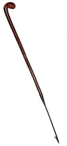 2. Harpoon Cane- Ca. 1850- An unusual sailor made cane with a full bark shaft and a hand forged 14 ½” harpoon or gig ,nic