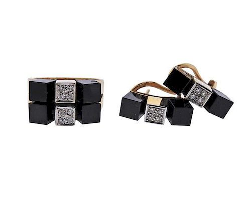 18K Gold Diamond Onyx Earrings Ring Set
