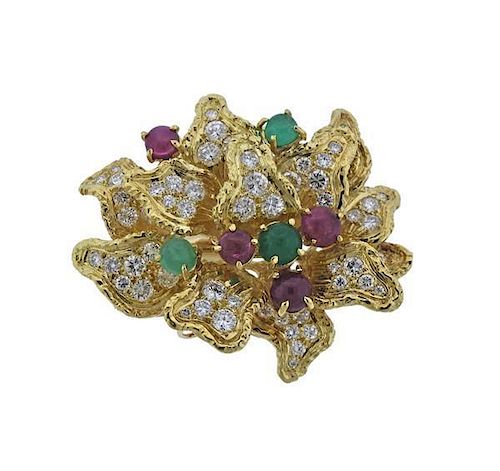 18K Gold Diamond Ruby Emerald Brooch Pendant