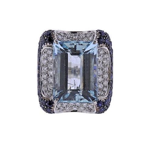 18K Gold Diamond Sapphire Aquamarine Cocktail Ring