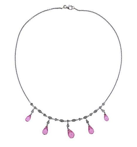 14K Gold Diamond Pink Gemstones Dangle Necklace