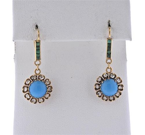 Antique 14K Gold Diamond Turquoise Jade Earrings