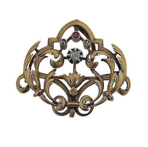 Art Nouveau 18K Gold Diamond Red Stone Brooch Pendant