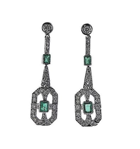 Art Deco Platinum Diamond Emerald Drop Earrings