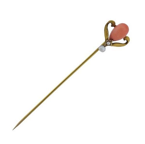Art Nouveau 14K Gold Coral Pearl Stick Pin