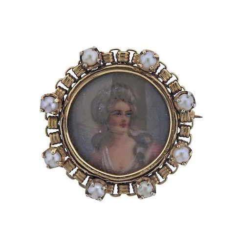 Antique 14K Gold Pearl Miniature Painting Brooch Pendant