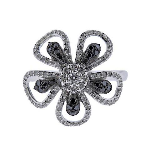 14K Gold White Black Diamond Flower Ring