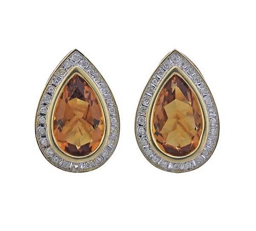 14K Gold Diamond Citrine Teardrop Earrings