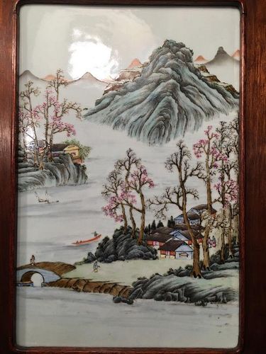 ANTIQUE Chinese Famille Rose Plaque in Frame, Late Qing period