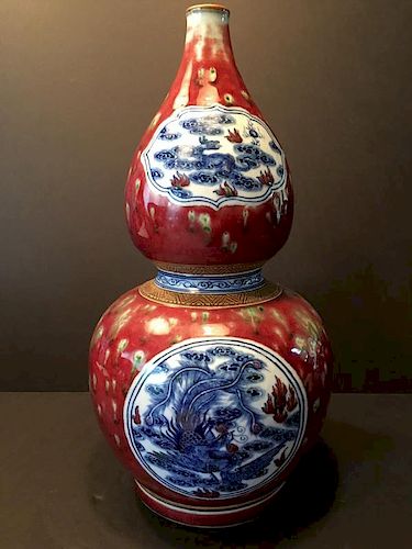 FINE Chinese Large Blue and White Red glazed bottle vase, marked