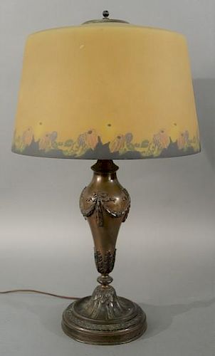 Pairpoint table lamp with reverse painted shade, signed base and shade. 
height 27 inches, diameter 16 inches