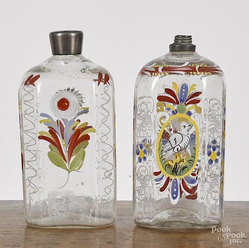 Two Stiegel type enamel decorated bottles