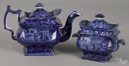Historical blue Staffordshire teapot and sugar
