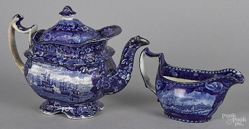 Historical blue Staffordshire teapot & gravy boat