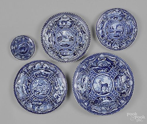 Four blue Staffordshire plates and a bowl