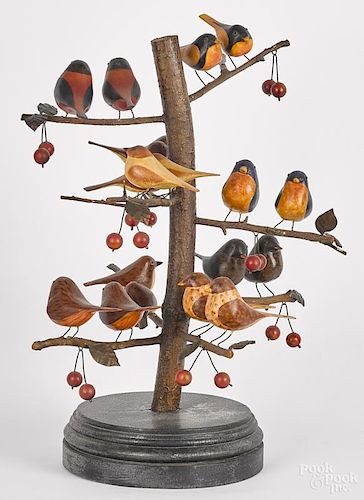 David Guilmet carved and painted bird tree