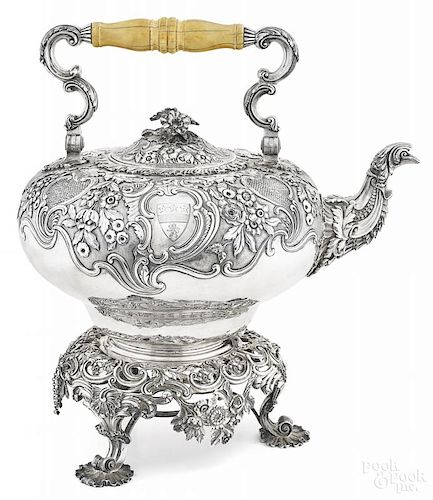 Large English repousse silver kettle on stand