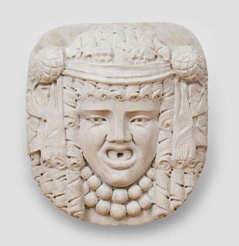 CONTINENTAL CARVED MARBLE BACCHANTE-HEAD FOUNTAIN MASK