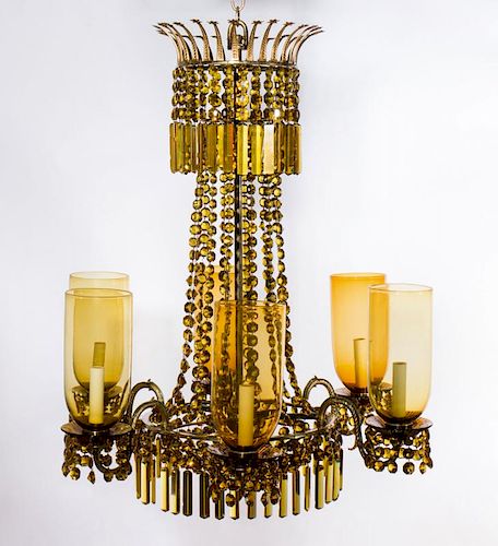 EARLY VICTORIAN BRASS-MOUNTED AMBER GLASS SIX-LIGHT CHANDELIER