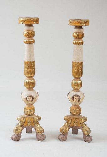 PAIR OF CONTINENTAL BAROQUE STYLE PAINTED AND PARCEL-GILT PEDESTALS, PROBABLY AUSTRIAN