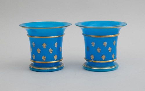PAIR OF FRENCH BLUE OPALINE GLASS BEAKER-FORM VASES