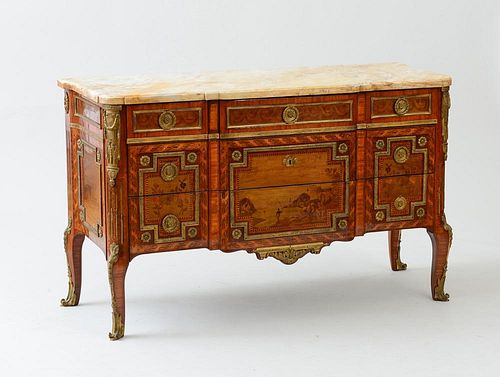LOUIS XV/XVI STYLE GILT-BRONZE-MOUNTED KINGWOOD AND TULIPWOOD MARQUETRY COMMODE