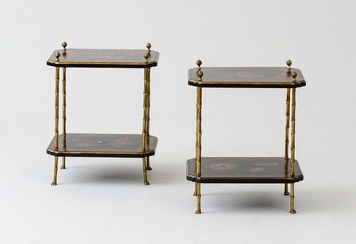 PAIR OF ENGLISH BRASS-MOUNTED BLACK AND GOLD JAPANNED COMPOSITE TWO-TIER SIDE TABLES