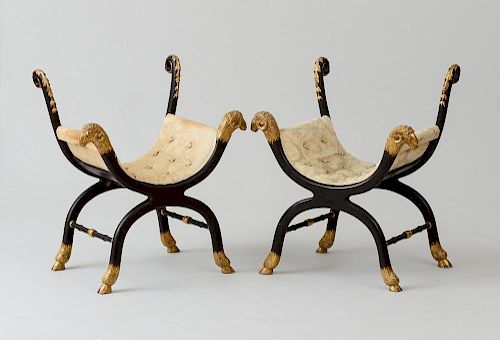 PAIR OF REGENCY STYLE PAINTED AND PARCEL-GILT CURULE STOOLS