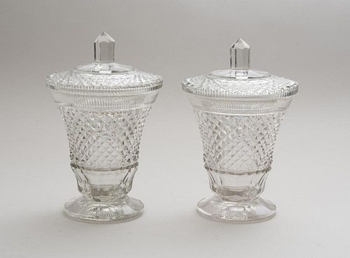 PAIR OF MODERN ANGLO IRISH CUT-GLASS BEAKER-FORM JARS AND COVERS