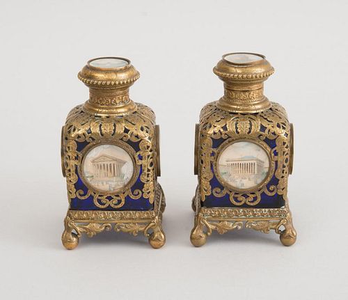 PAIR OF FRENCH BRASS-MOUNTED COBALT GLASS SCENT BOTTLES