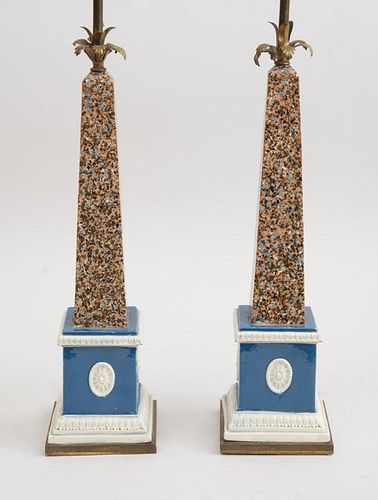 PAIR OF ENGLISH PEARLWARE FAUX PORPHYRY OBELISKS ON BLUE-GROUND PEDESTALS, MOUNTED AS LAMPS