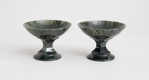 PAIR OF SPINACH GREEN JADE TAZZAS, POSSIBLY RUSSIAN