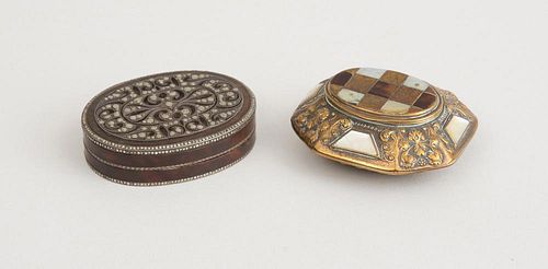 AUSTRIAN FACETED CUT STEEL OVAL SNUFF BOX AND A CONTINENTAL MOTHER-OF-PEARL INLAID REPOUSSÉ BRASS BOX