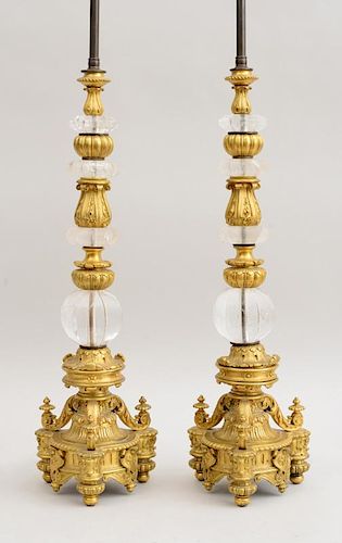 PAIR OF LOUIS XIV STYLE ORMOLU-MOUNTED ROCK CRYSTAL CANDLESTICKS, MOUNTED AS LAMPS