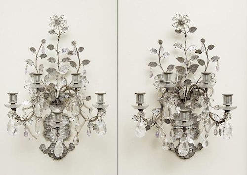 PAIR OF LOUIS XV STYLE SILVERED-METAL-MOUNTED ROCK CRYSTAL FIVE-LIGHT SCONCES