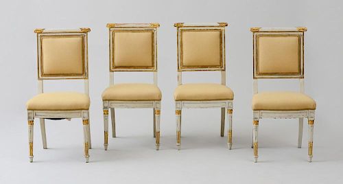 SET OF FOUR SWEDISH NEOCLASSICAL PAINTED AND PARCEL-GILT SIDE CHAIRS