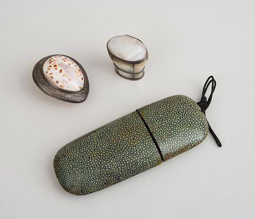 FRENCH MOTHER-OF-PEARL-MOUNTED SILVER-PLATED SNUFF BOX, A SILVER-MOUNTED COWRIE SHELL BOX AND A SHAGREEN EYE GLASS CASE