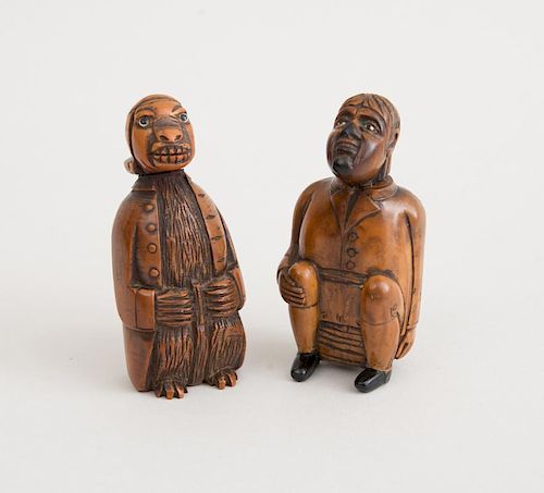 TWO DUTCH FIGURAL CARVED COQUILLA NUT SNUFF BOXES