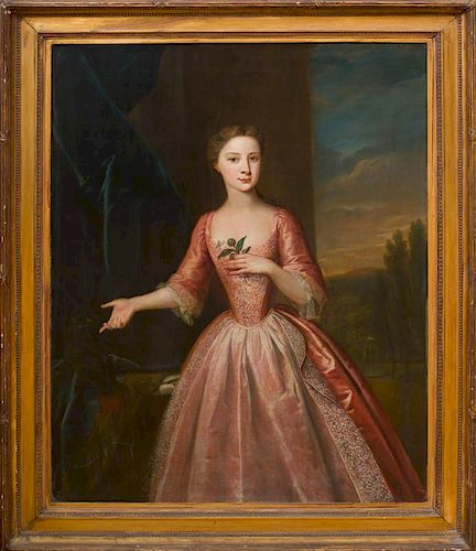ATTRIBUTED TO GEORGE KNAPTON (1698-1778): PORTRAIT OF GIRL IN A PINK DRESS