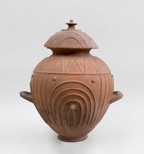 LARGE ETRUSCAN TERRACOTTA URN AND COVER