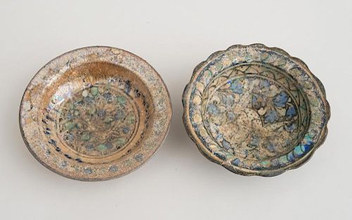 TWO TURKISH PART-GLAZED POTTERY FOOTED DISHES