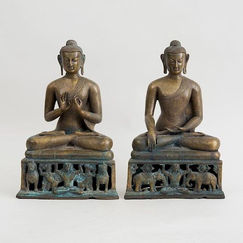 ASSEMBLED PAIR OF THAI HOLLOW CAST BRONZE FIGURES OF SEATED BUDDHAS
