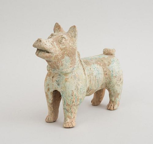 HAN PARTIAL-GLAZED POTTERY FIGURE OF A DOG