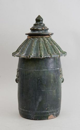 HAN TYPE DARK GREEN-GLAZED POTTERY CYLINDRICAL JAR AND COVER