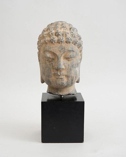 CHINESE CARVED GREY STONE HEAD OF A SMILING LOHAN