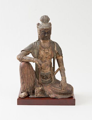 CHINESE PAINTED WOOD SEATED FIGURE OF GUAN YIN