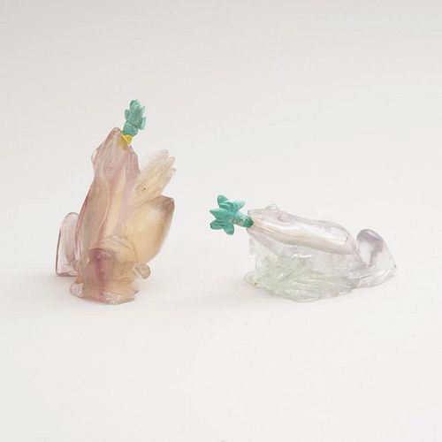 CHINESE CARVED ROCK CRYSTAL FROG-FORM SCENT BOTTLE AND ANOTHER FROG HOLDING A PEACH