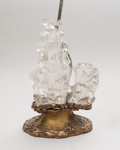 CHINESE CARVED ROCK CRYSTAL BALUSTER-FORM VASE AND COVER AND A LATERAL BRANCH-WRAPPED VASE